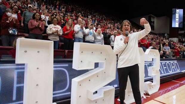 Jan 21, 2024; Stanford, California, USA; Stanford Cardinal head coach Tara VanDerveer addresses the crowd at Maples Pavilion following her record-setting 1,203rd collegiate coaching victory, a 65-56 win over the Oregon State Beavers. Mandatory Credit: D. Ross Cameron-USA TODAY Sports